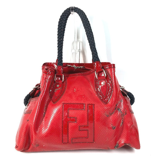 FENDI FF ロゴ エトニコ パンチング カバン 肩掛け トートバッグ ショルダーバッグ エナメル ユニセックス レッド