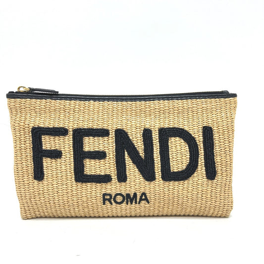 FENDI 8N0149 Straw Logo Bag Pouch Clutch Bag Raffia Unisex Beige