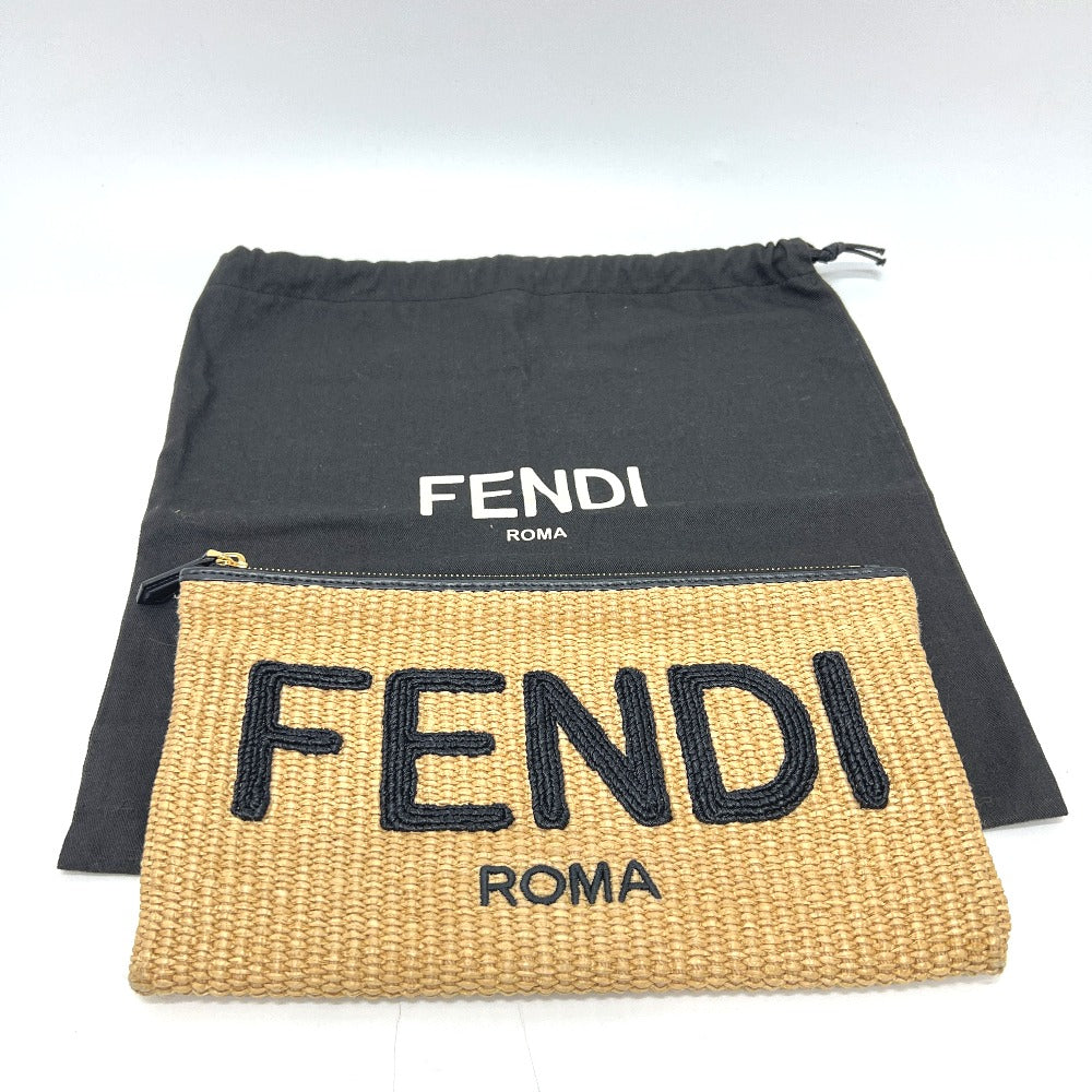 FENDI 8N0149 Straw Logo Bag Pouch Clutch Bag Raffia Unisex Beige