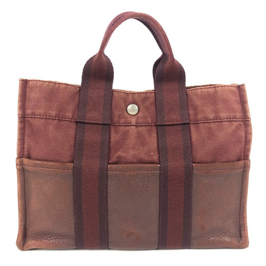 HERMES Half Leather Foulet PM Tote Bag, Leather/Canvas, Unisex, Wine Red