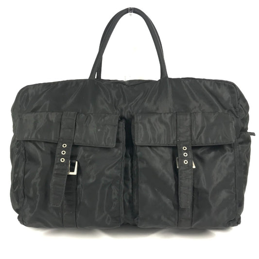 PRADA Triangle Logo Plaque Handbag/Travel Bag/Boston Bag in Nylon, Unisex, Black