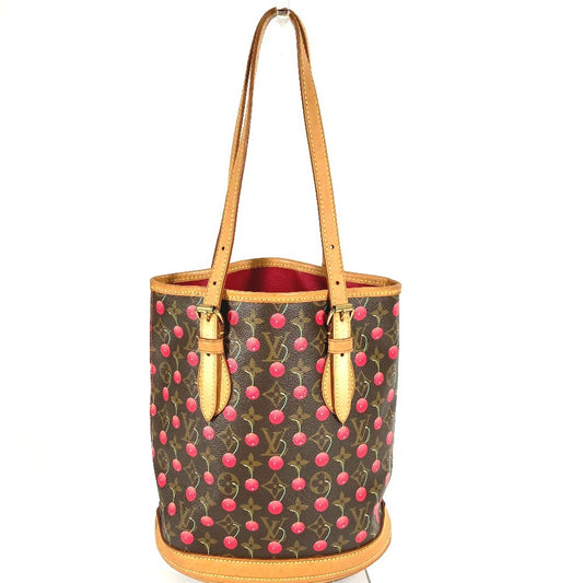 LOUIS VUITTON M95012 Monogram Cherry Bucket PM by Takashi Murakami. This unisex shoulder bag features a monogram cherry pattern and brown canvas.
