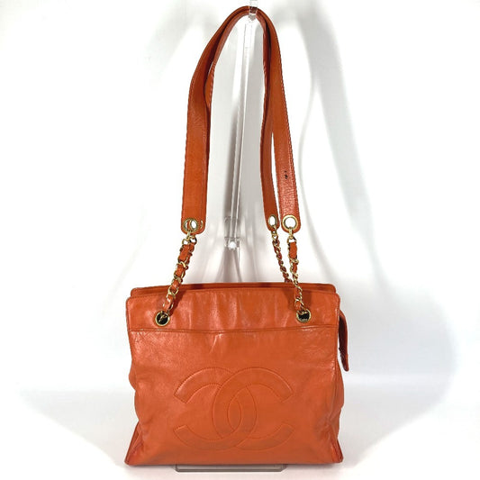 CHANEL ヴィンテージ CC ココマーク ロゴ Wチェーン トートバッグ 肩掛け カバン ショルダーバッグ レザー レディース オレンジ