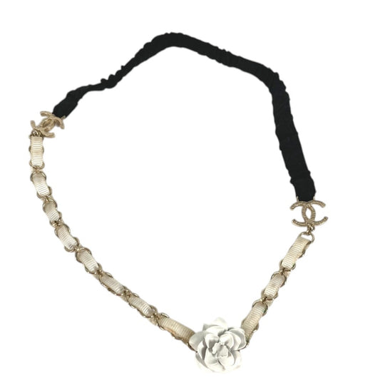 CHANEL 09A Chain Camellia CC Coco Mark Logo Headband Hair Accessory Alice Band Hairband Metal Women's White