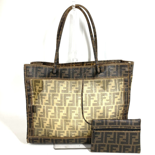 FENDI ポーチ付き ズッカ メッシュ ロゴ カバン トートバッグ 肩掛け ショルダーバッグ PVC レディース ブラウン