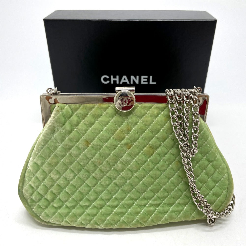 CHANEL ココマーク がま口 マトラッセ カバン チェーン ショルダーバッグ ベロア レディース グリーン×シルバー金具