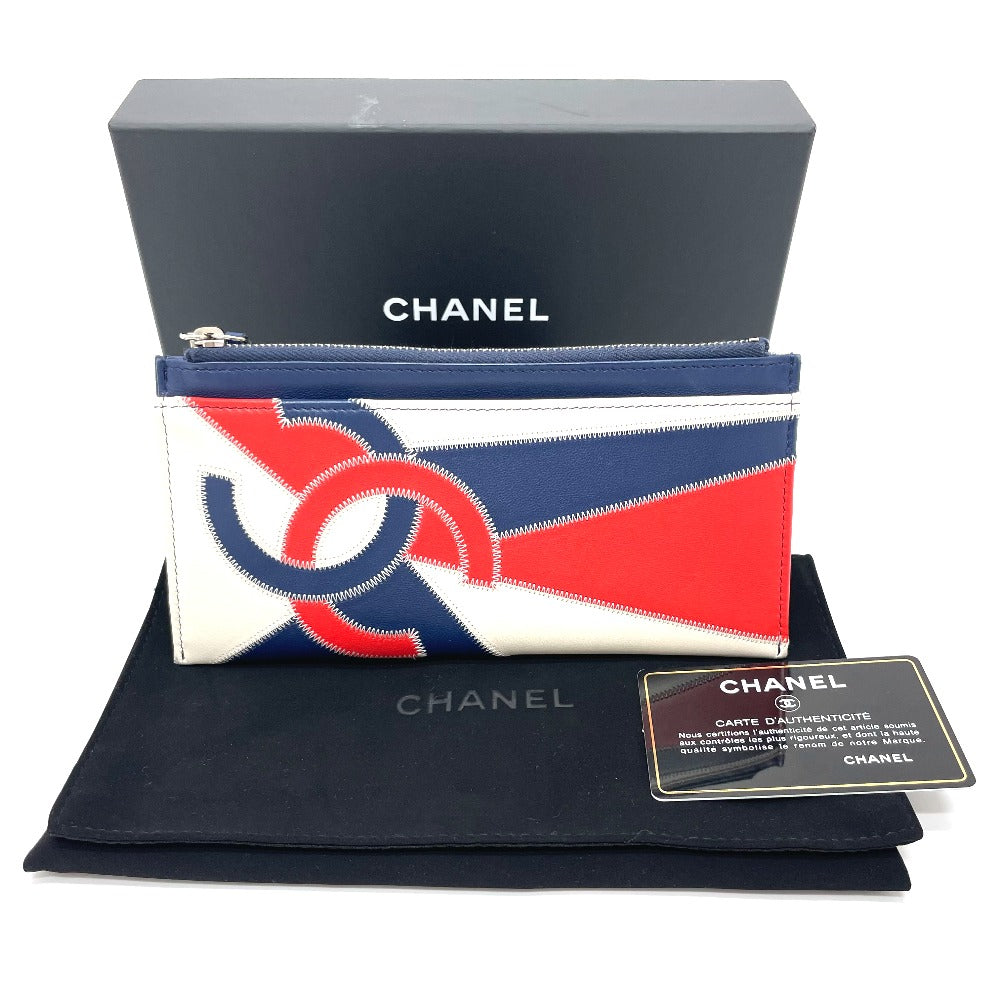 CHANEL CC Coco Mark Fringe Wallet Card Case Lambskin Women's Blue/White/Red