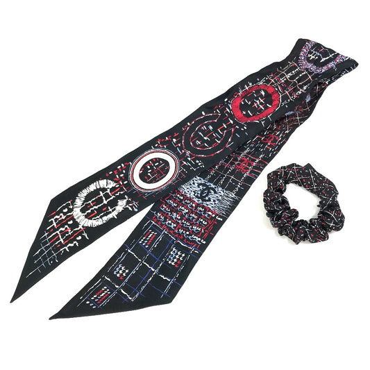 CHANEL Coco Mark CC Scarf 2-Piece Set with Ribbon, 22K Gold/Hair Accessory, Scrunchie, Silk, Women's, Black