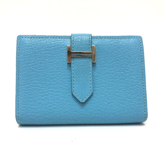 HERMES Bearn Mini Compact Card Case Chevre Coromandel Women's Blue