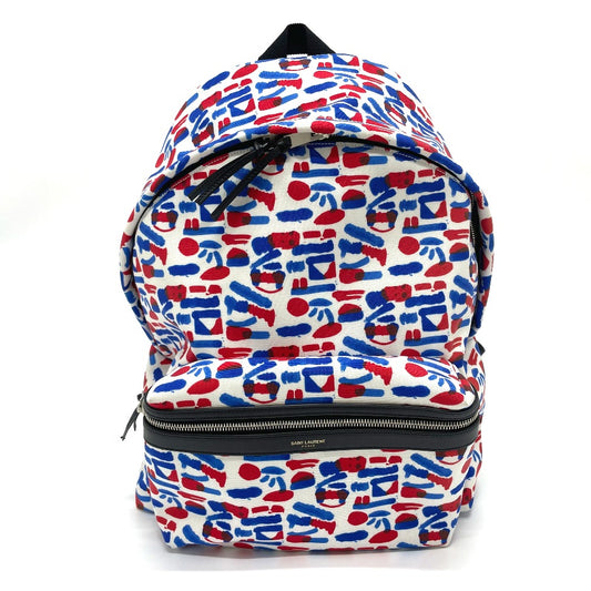 SAINT LAURENT PARIS 326865 Multi-Print Backpack in Leather and Canvas, Men's, White/Red/Blue