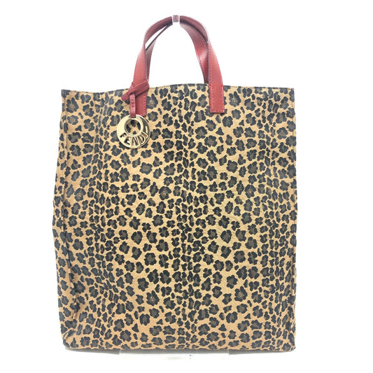 FENDI 8BH173 Logo Charm Leopard Print Canvas Handbag, Women's, Brown