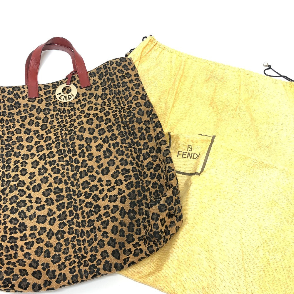 FENDI 8BH173 Logo Charm Leopard Print Canvas Handbag, Women's, Brown