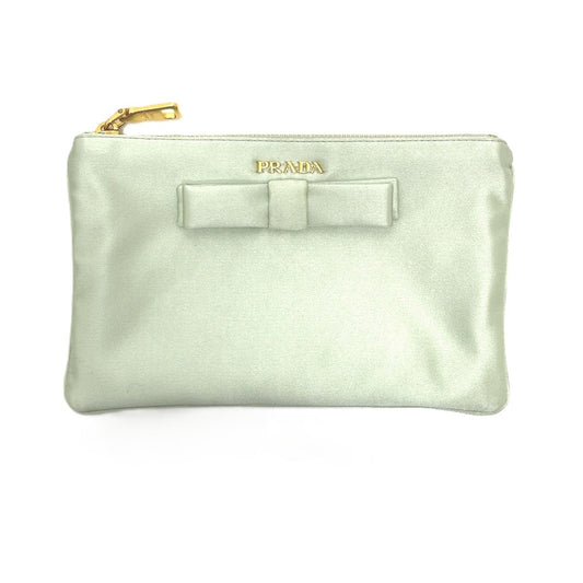 PRADA 1M1214 Logo Ribbon Flat Clutch Bag, Makeup Pouch, Multi-Pouch, Satin, Women's, ACQUA Green