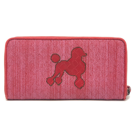 BOTTEGA VENETA Intrecciato Poodle Dog Strap Round Zip Long Wallet in Leather/Canvas, Women's, Red