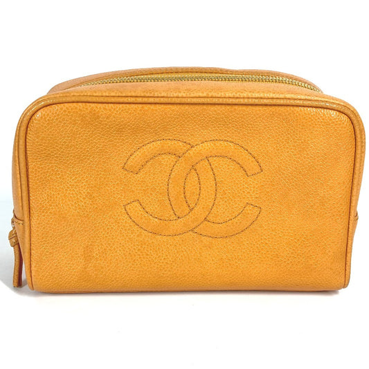 CHANEL Vintage CC Coco Mark Logo Second Bag Pouch Caviar Leather Women's Yellow