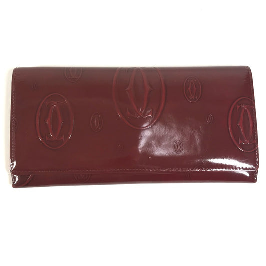 CARTIER Happy Birthday Logo Long Wallet Patent Leather Unisex Red