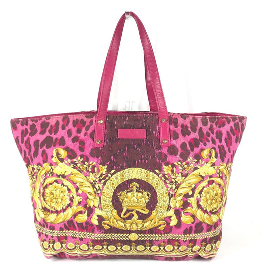 VERSACE Logo Bag Tote Bag shawl Shoulder Bag Leather/Canvas pink/Yellow Based Used