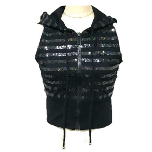CHANEL 19C Zip-Up Hooded Vest with Sequins, Women's, Black