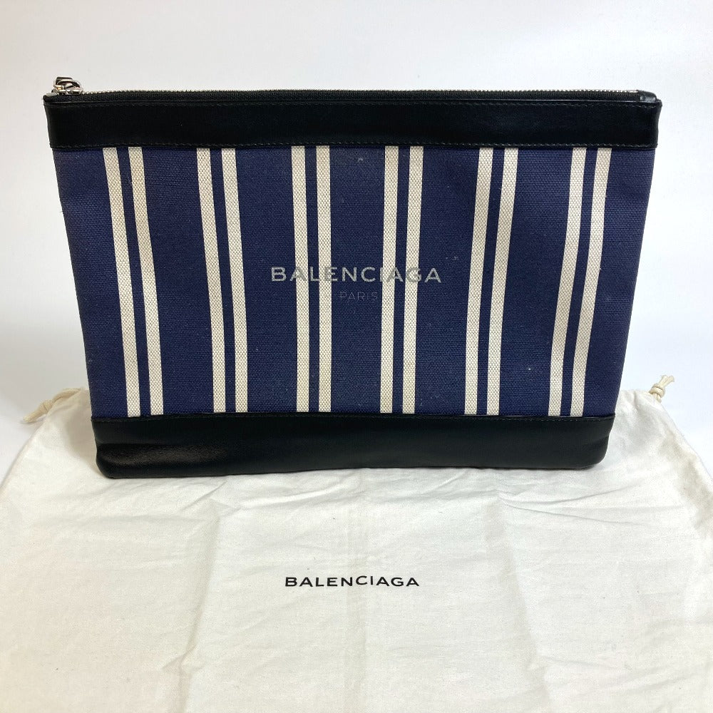 BALENCIAGA 420407 ストライプ ロゴ ネイビークリップM ラージポーチ セカンドバッグ クラッチバッグ キャンバス/レザー ユニセックス - brandshop-reference
