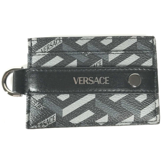 VERSACE Men's Leather Business Card Holder with D-Ring, Logo, Pass Case, and Card Case, Black