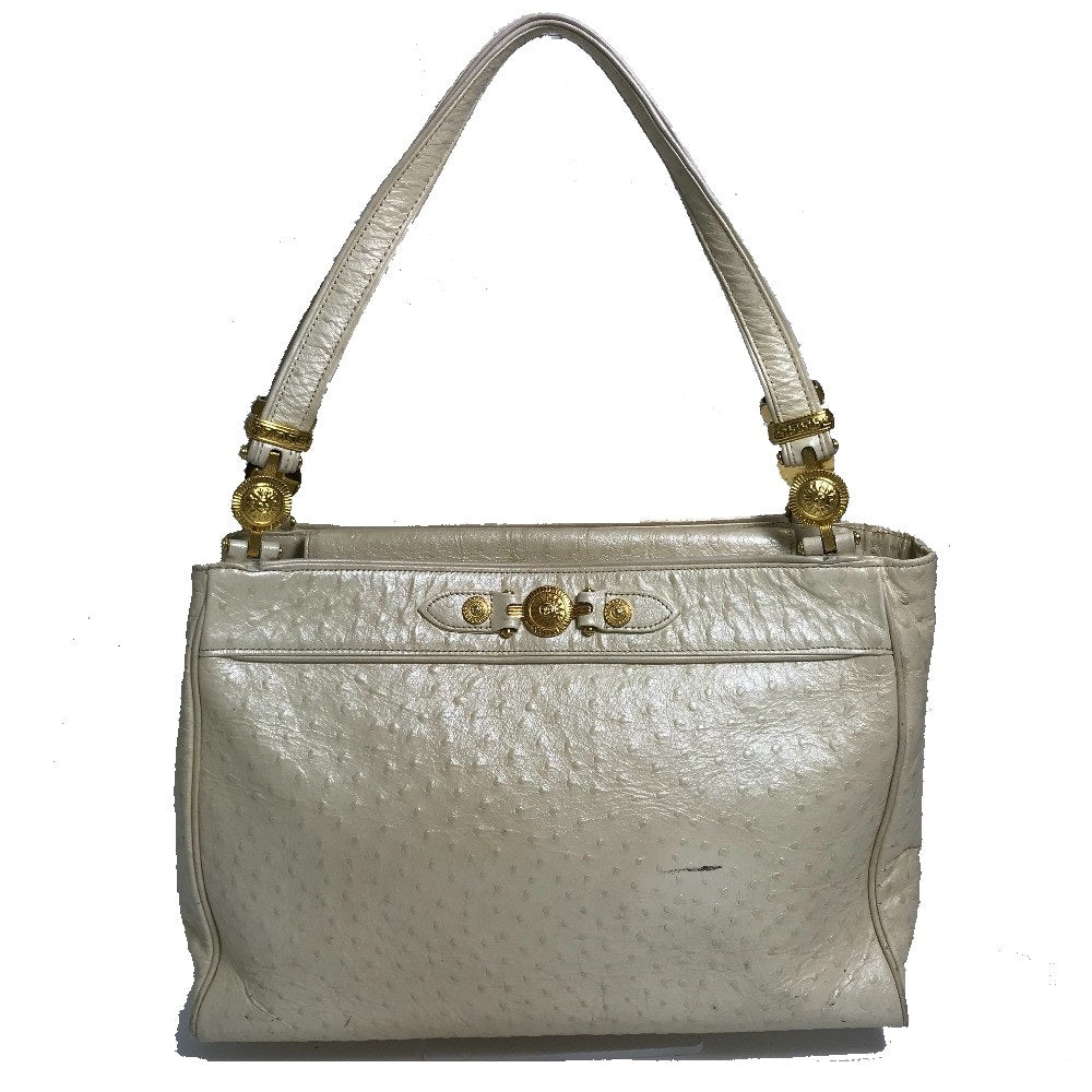 VERSACE Sunburst Embossed Leather Shoulder Bag, Women's, Beige