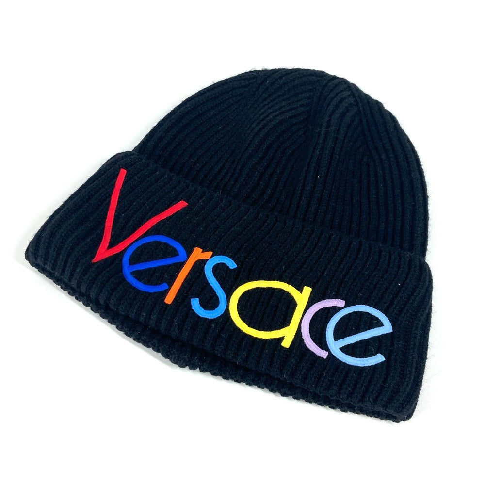 VERSACE ロゴ レインボー ビーニー 帽子 ニット帽 ニットキャップ ニット帽 ウール レディース ブラック - brandshop-reference