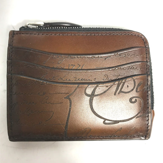 Berluti Compact Wallet with L-shaped Zipper, Calligraphy Design, Leather, Men's, Brown
