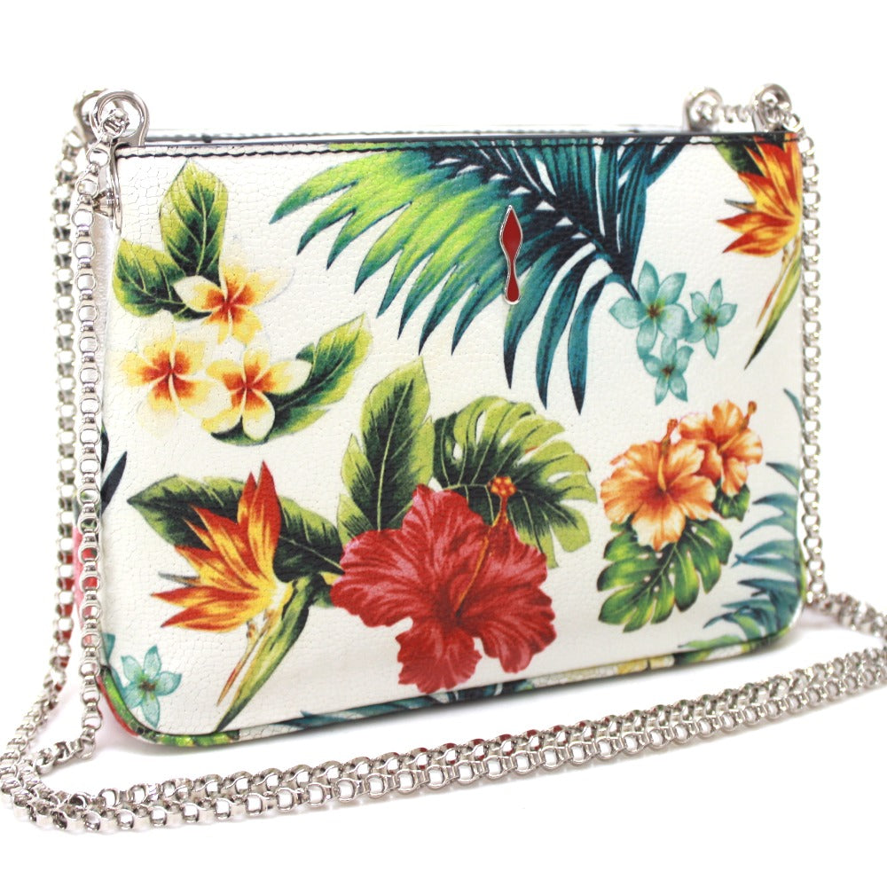 Christian Louboutin Botanical Pattern Spike Studs Crossbody Chain Shoulder Bag in Patent Calf Leather, Women's, White