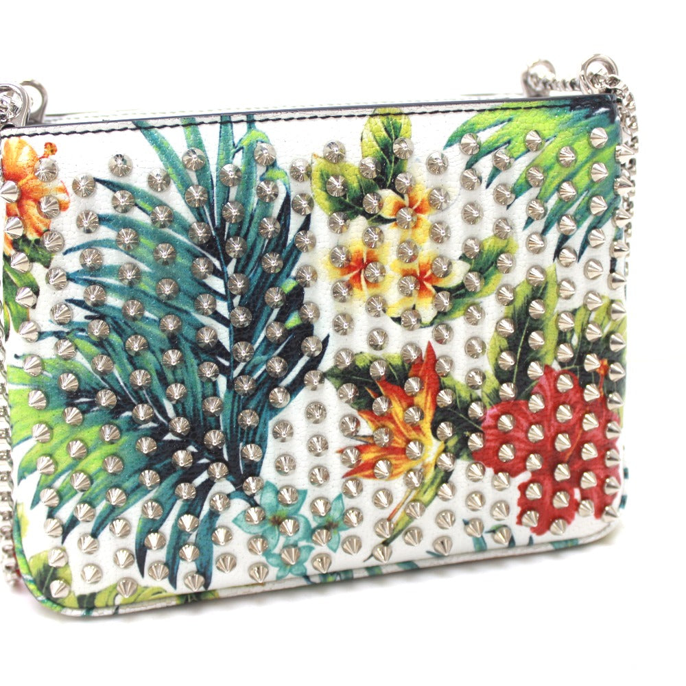 Christian Louboutin Botanical Pattern Spike Studs Crossbody Chain Shoulder Bag in Patent Calf Leather, Women's, White