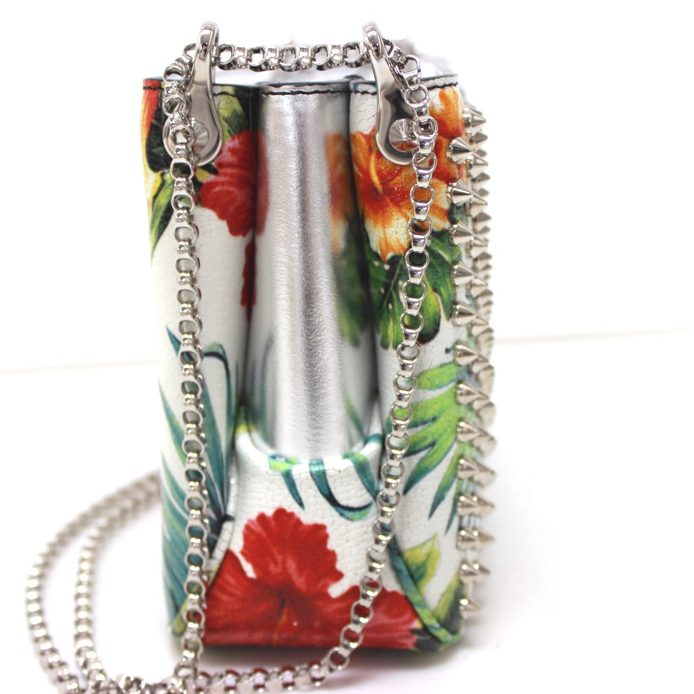 Christian Louboutin Botanical Pattern Spike Studs Crossbody Chain Shoulder Bag in Patent Calf Leather, Women's, White
