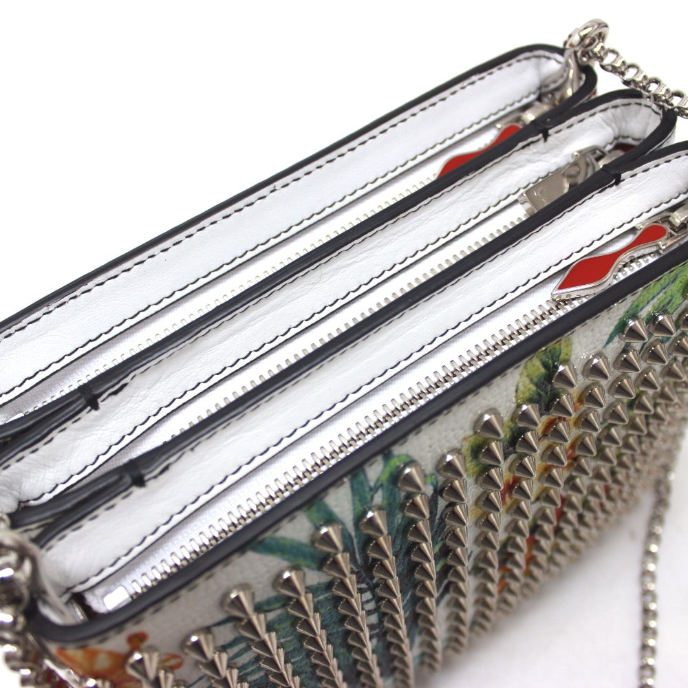 Christian Louboutin Botanical Pattern Spike Studs Crossbody Chain Shoulder Bag in Patent Calf Leather, Women's, White