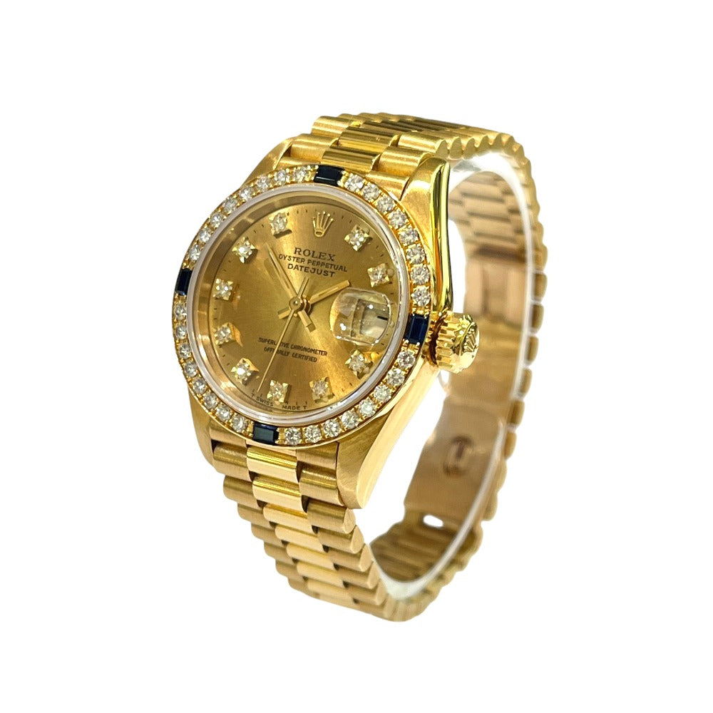 ROLEX 69088 デイトジャスト K18無垢 10Pダイヤ ベゼル ダイヤモンド×サファイア 自動巻き 腕時計 K18YG レディース ゴールド