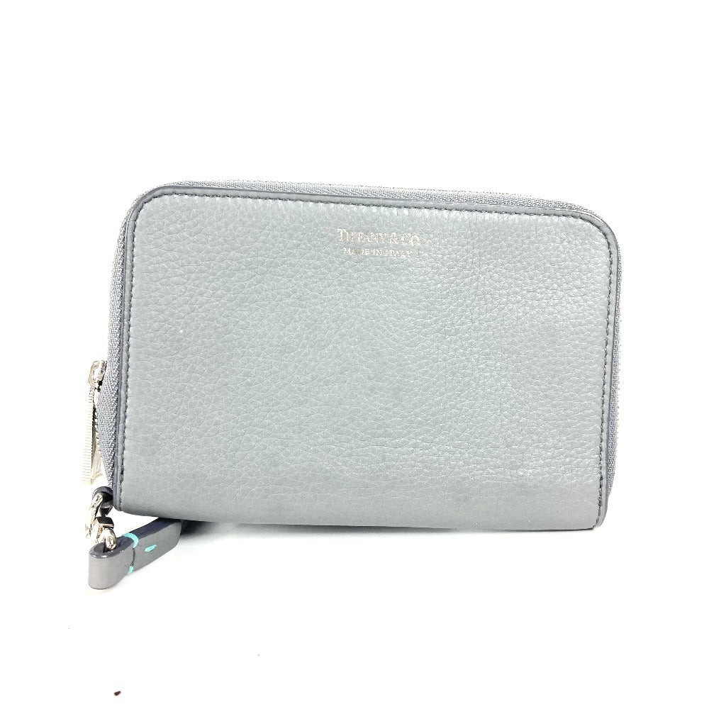 TIFFANY&Co. Smartphone pouch Card Case Business card holder Pass case logo Zip Around Pouch Leather gray Used