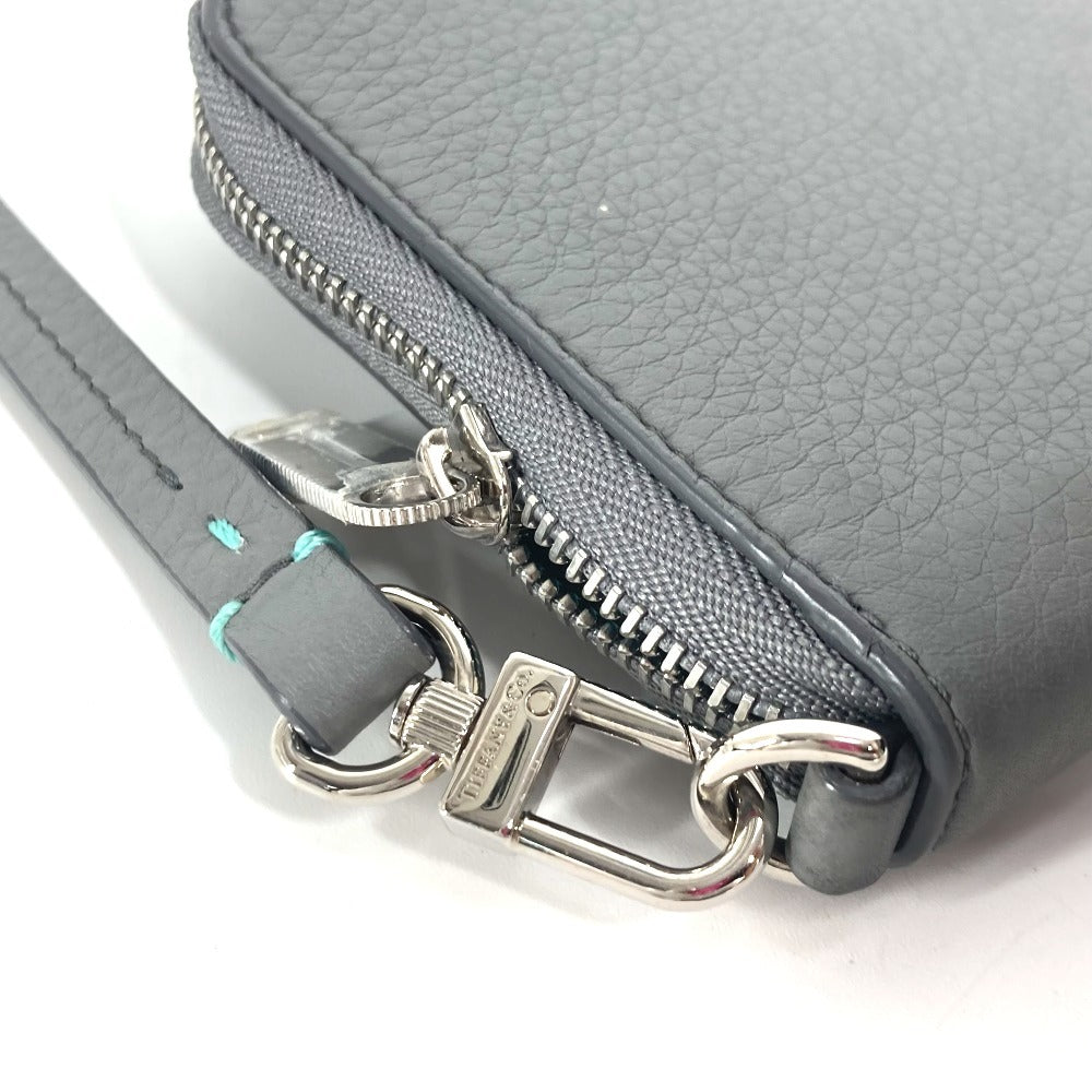 TIFFANY&Co. Smartphone pouch Card Case Business card holder Pass case logo Zip Around Pouch Leather gray Used