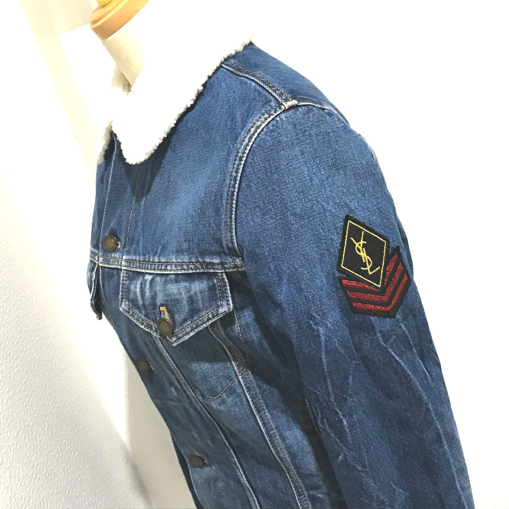 SAINT LAURENT PARIS 483202 YZ883 Logo Monogram Maxi Patch Boa Denim Jacket Cotton Women's Denim Blue x White