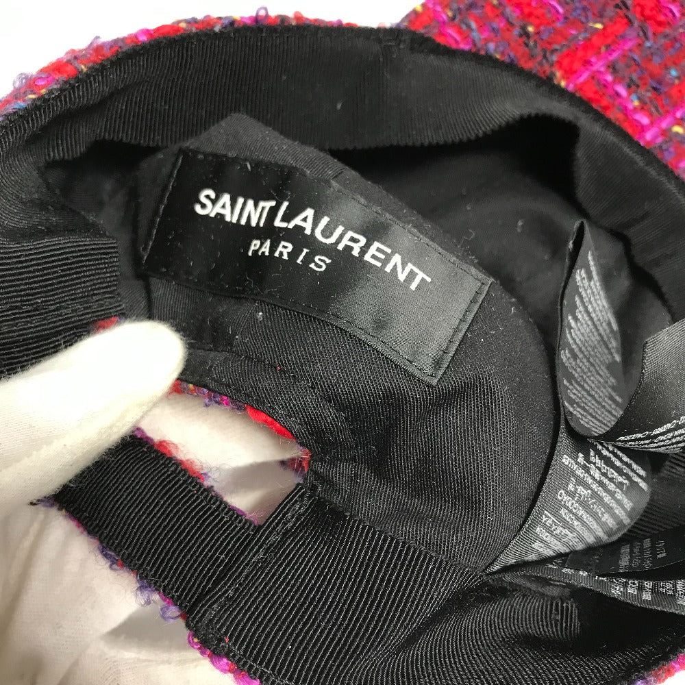 SAINT LAURENT PARIS 677545 ロゴ ツイード ベースボール 帽子 キャップ帽 ベースボール キャップ ウール レディース レッド