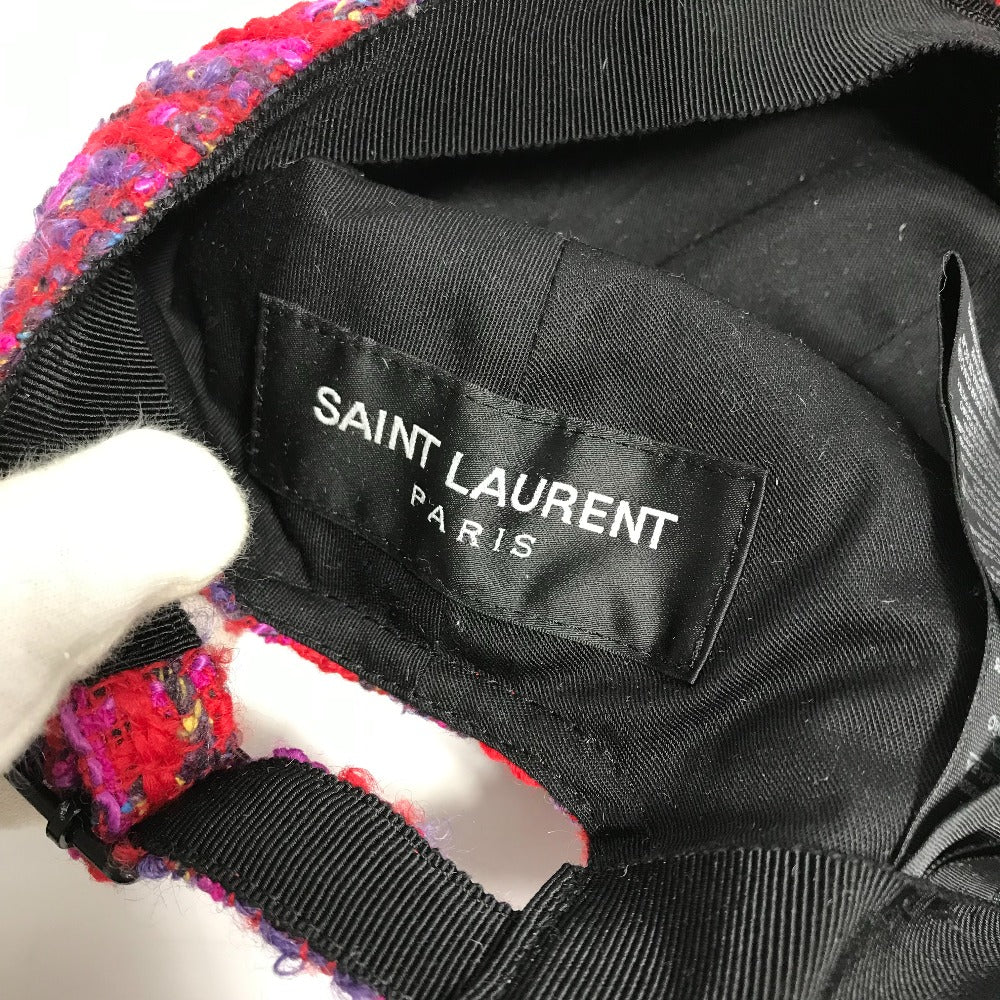 SAINT LAURENT PARIS 677545 ロゴ ツイード ベースボール 帽子 キャップ帽 ベースボール キャップ ウール レディース レッド