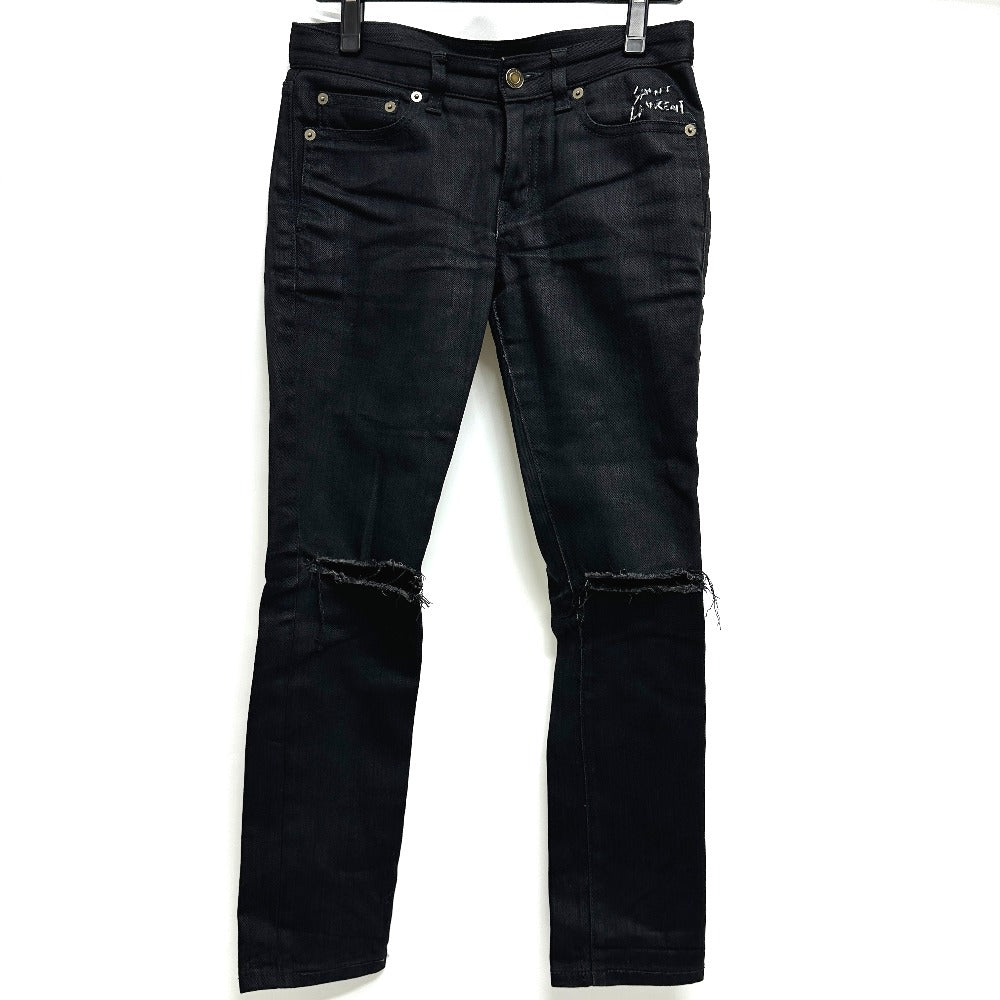 SAINT LAURENT PARIS D01 W/SK-LW クラッシュ ダメージ スキニー ジーンズ アパレル ボトムス デニムパンツ コットン レディース ブラック