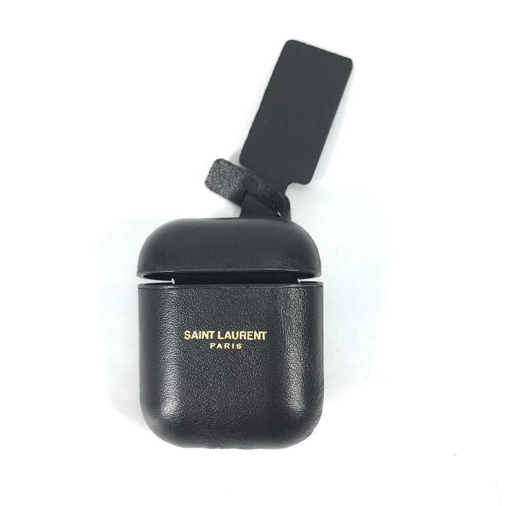 SAINT LAURENT PARIS 635662 AirPods Apple Earphone Logo Case with Keychain, Leather, Black, Women's