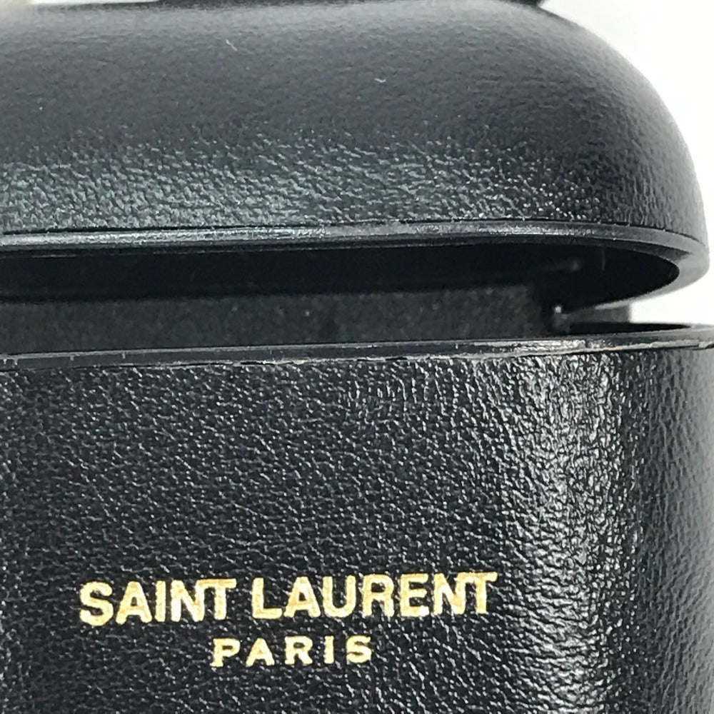 SAINT LAURENT PARIS 635662 AirPods Apple Earphone Logo Case with Keychain, Leather, Black, Women's