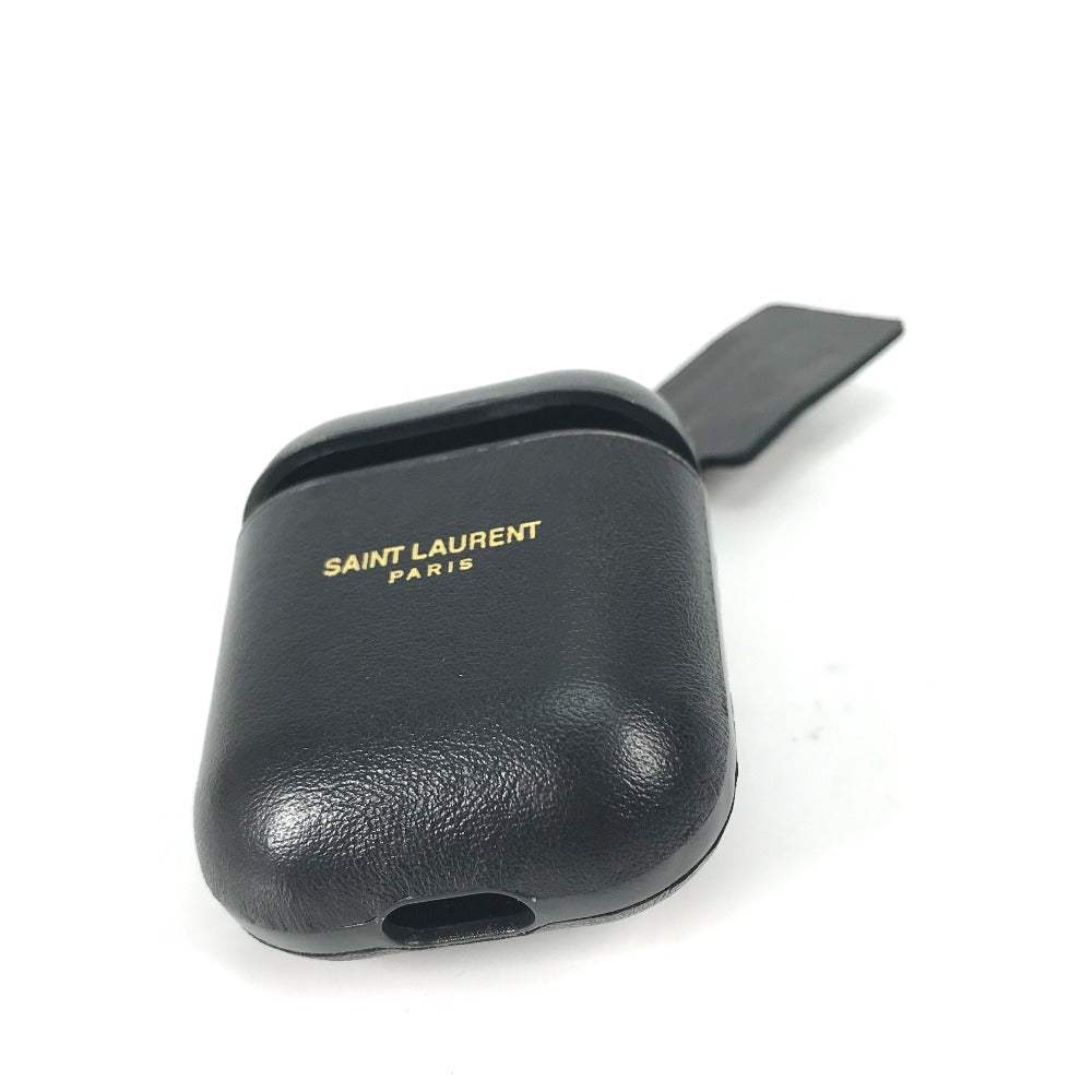 SAINT LAURENT PARIS 635662 AirPods Apple Earphone Logo Case with Keychain, Leather, Black, Women's