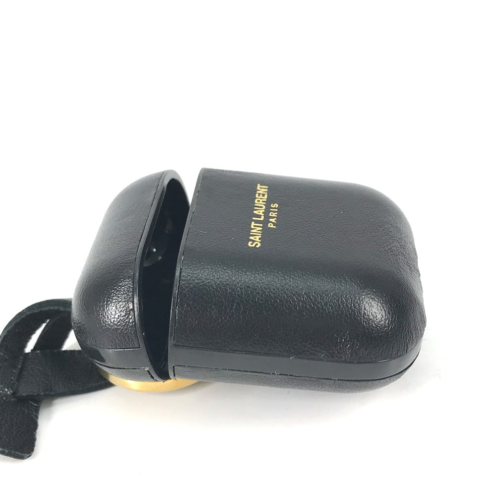 SAINT LAURENT PARIS 635662 AirPods Apple Earphone Logo Case with Keychain, Leather, Black, Women's