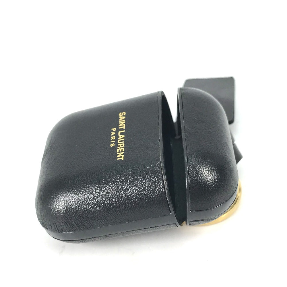 SAINT LAURENT PARIS 635662 AirPods Apple Earphone Logo Case with Keychain, Leather, Black, Women's