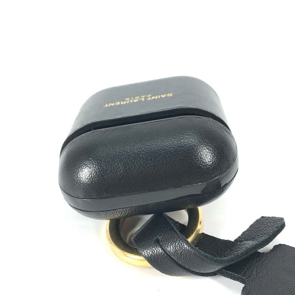 SAINT LAURENT PARIS 635662 AirPods Apple Earphone Logo Case with Keychain, Leather, Black, Women's