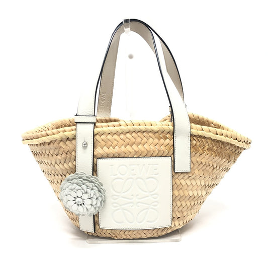 LOEWE 327.02.S92 アナグラム スタッドフラワー付き かごバッグ スモール バスケット トートバッグ ストロー レディース ベージュ - brandshop-reference