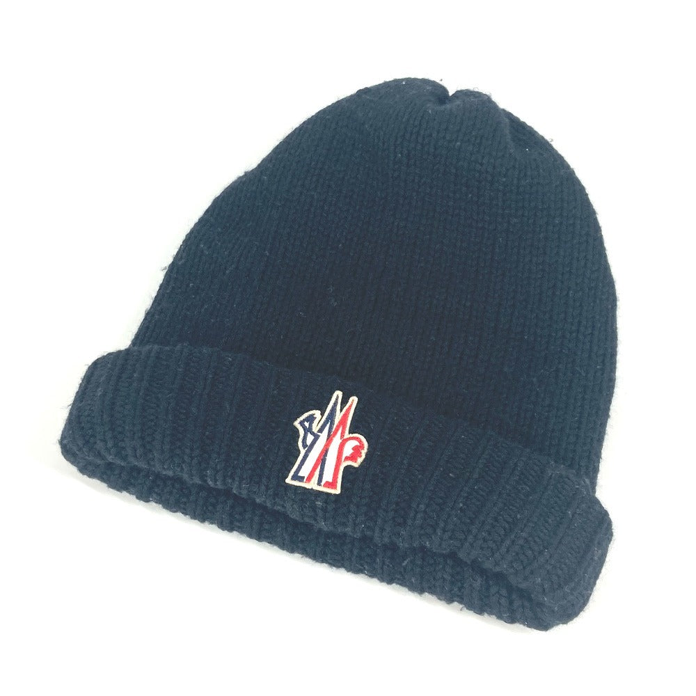 MONCLER ロゴ ワッペン ビーニー 帽子 ニット帽 ニットキャップ ニット帽 ウール レディース ブラック - brandshop-reference