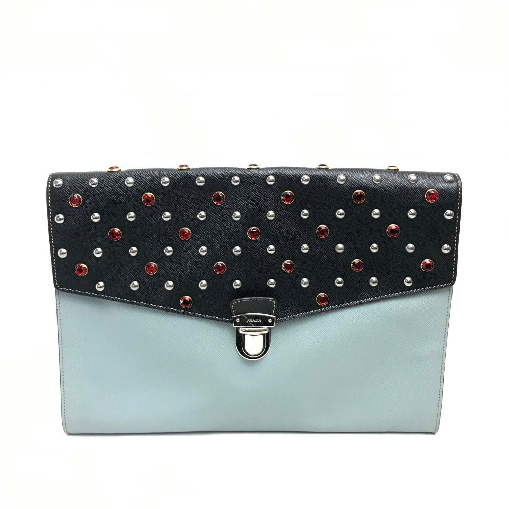 PRADA VR074C Saffiano Bejeweled and Studded Leather Flap Clutch Bag in Black