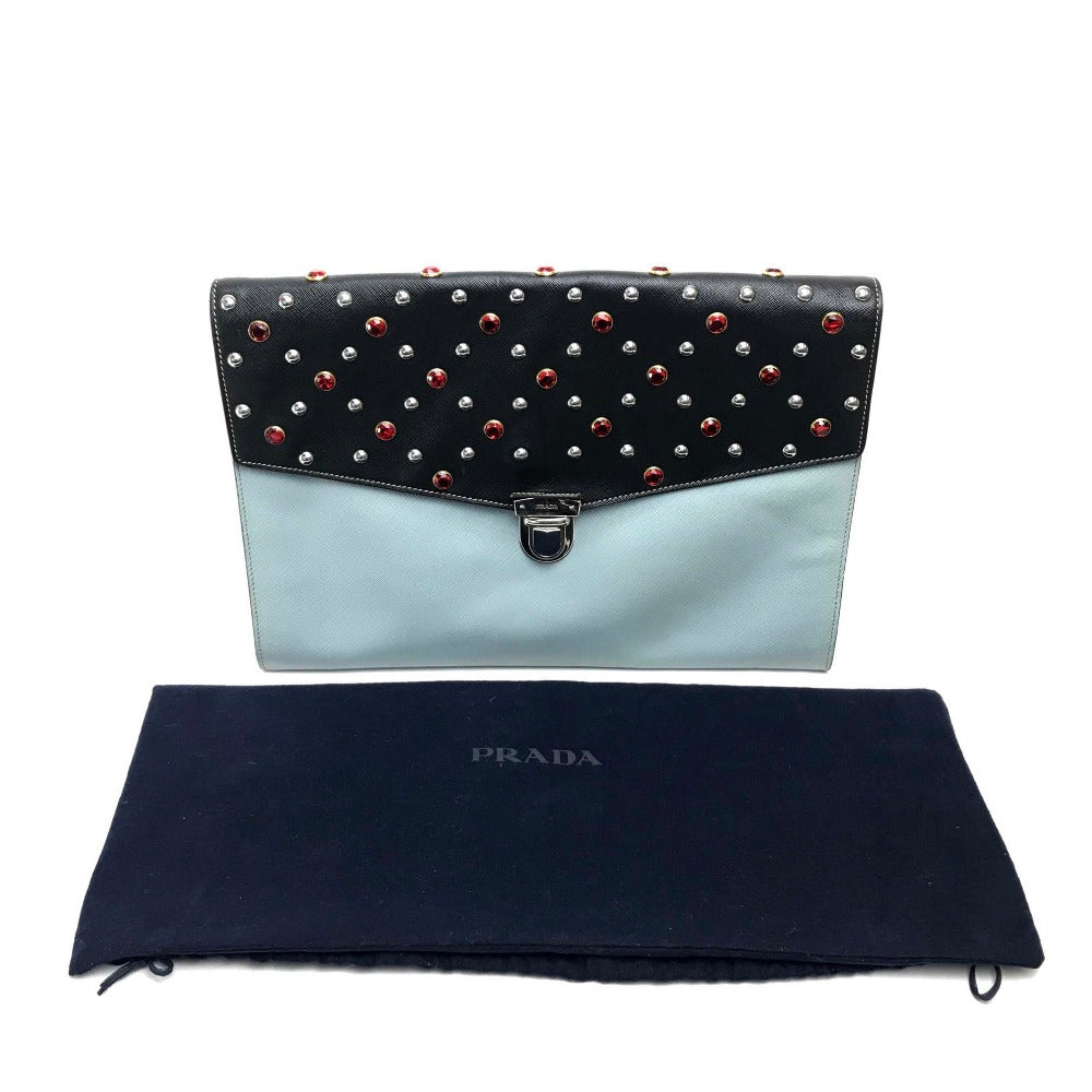 PRADA VR074C Saffiano Bejeweled and Studded Leather Flap Clutch Bag in Black