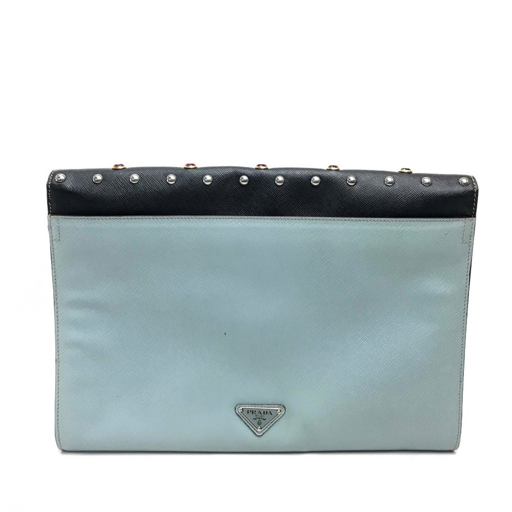 PRADA VR074C Saffiano Bejeweled and Studded Leather Flap Clutch Bag in Black