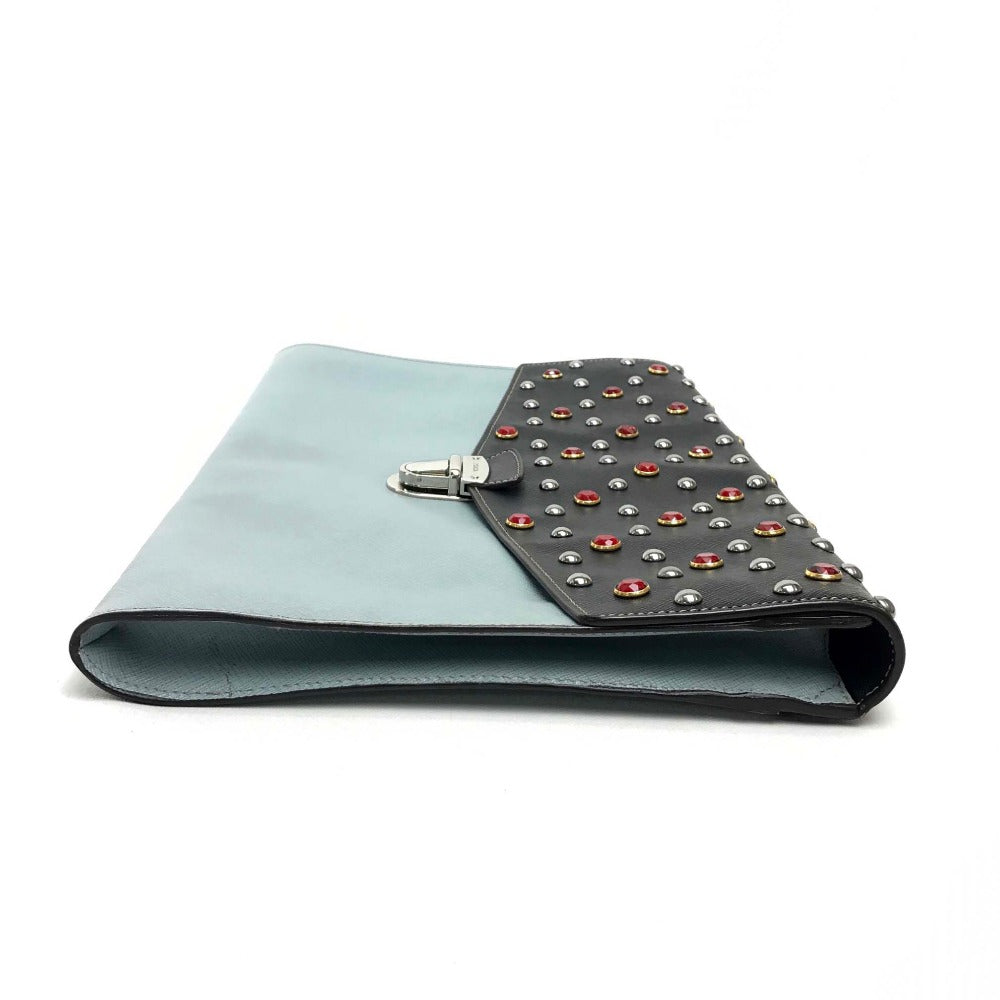 PRADA VR074C Saffiano Bejeweled and Studded Leather Flap Clutch Bag in Black